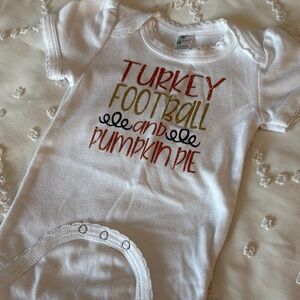 White Baby Onesie with Turkey Football and Pumpkin Pie Print